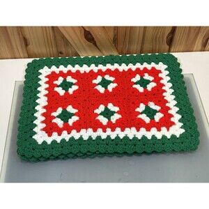 Vintage Handmade Crochet Granny Square Placemat Green Red White Set of 3